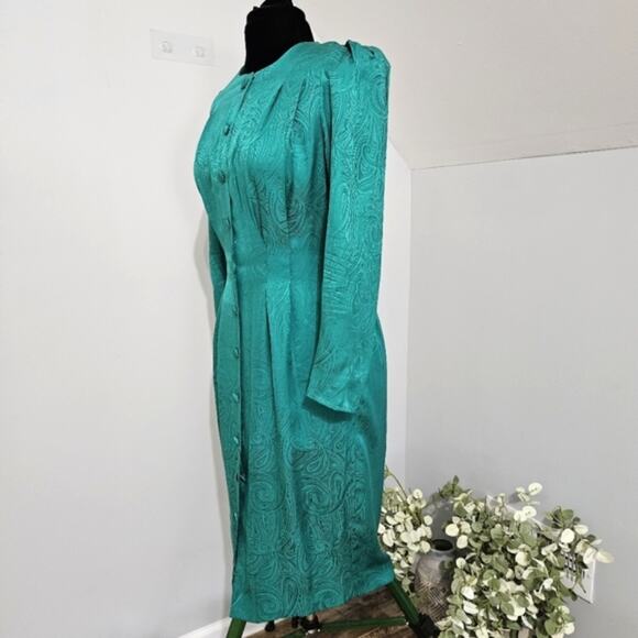Vintage Adrianna Papell Silk Green Tonal Paisley Print Button Front Midi Dress - Picture 4 of 10